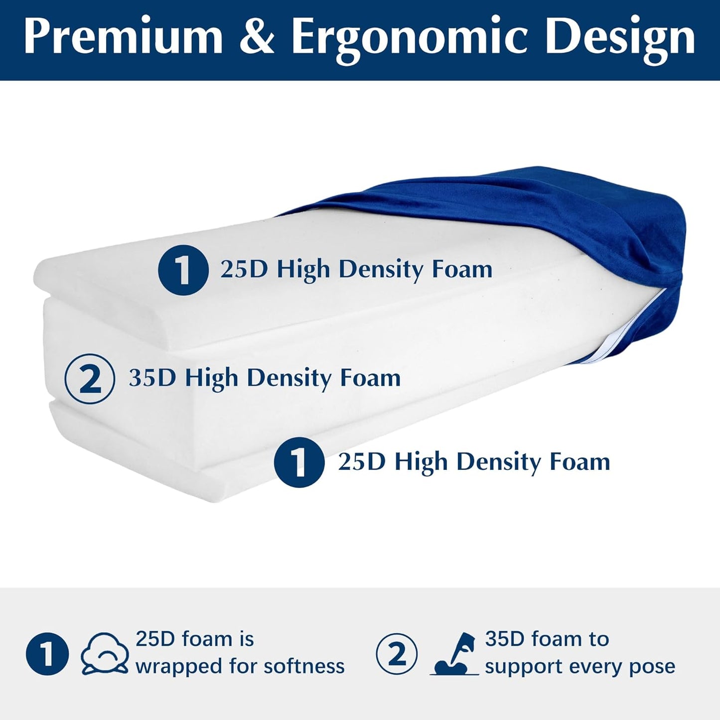 2-Pack Yoga Bolster Pillow Set: Rectangular & Cylinder Pillows for Meditation and Support, Yoga Pillows with Washable Velvet Cover, Triple-Layer Sponge with Carry Handle, Blue