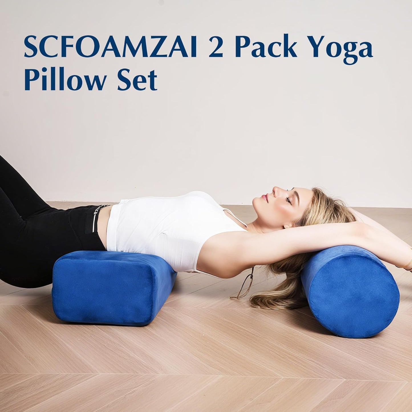 2-Pack Yoga Bolster Pillow Set: Rectangular & Cylinder Pillows for Meditation and Support, Yoga Pillows with Washable Velvet Cover, Triple-Layer Sponge with Carry Handle, Blue