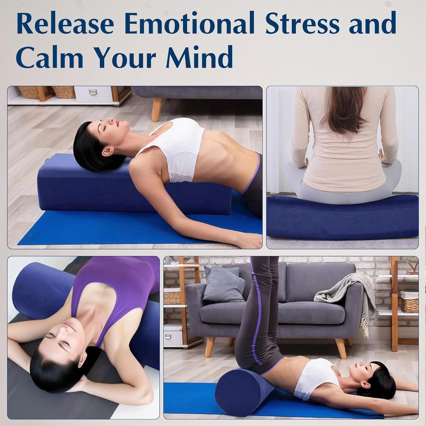 2-Pack Yoga Bolster Pillow Set: Rectangular & Cylinder Pillows for Meditation and Support, Yoga Pillows with Washable Velvet Cover, Triple-Layer Sponge with Carry Handle, Blue