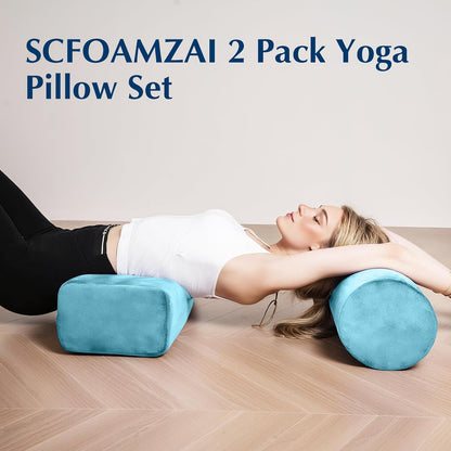 2-Pack Yoga Bolster Pillow Set: Rectangular & Cylinder Pillows for Meditation and Support, Yoga Pillows with Washable Velvet Cover, Triple-Layer Sponge with Carry Handle, Blue