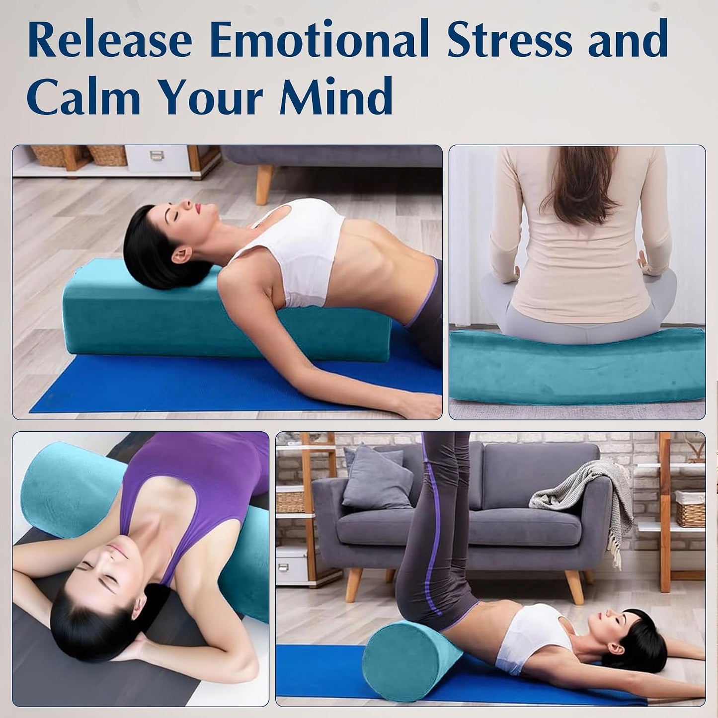2-Pack Yoga Bolster Pillow Set: Rectangular & Cylinder Pillows for Meditation and Support, Yoga Pillows with Washable Velvet Cover, Triple-Layer Sponge with Carry Handle, Blue