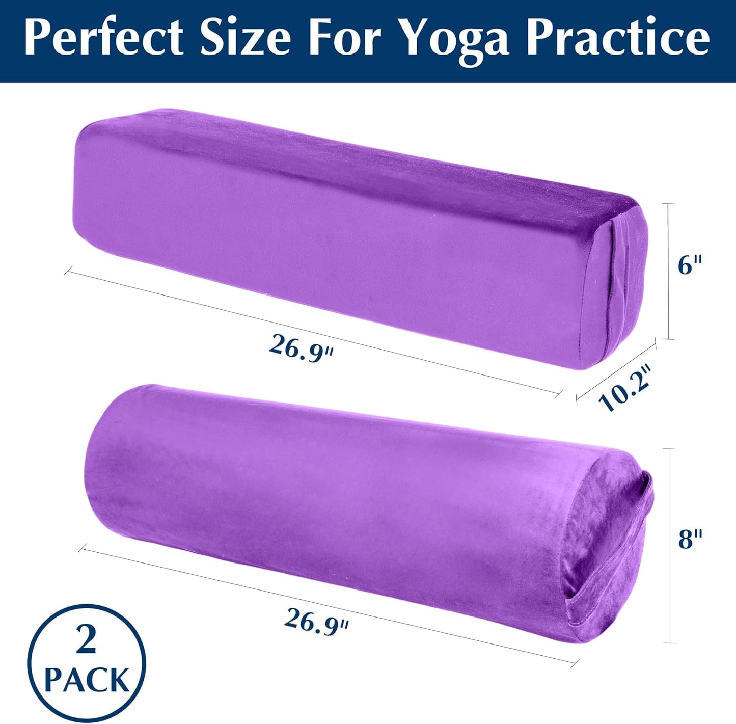 2-Pack Yoga Bolster Pillow Set: Rectangular & Cylinder Pillows for Meditation and Support, Yoga Pillows with Washable Velvet Cover, Triple-Layer Sponge with Carry Handle, Blue