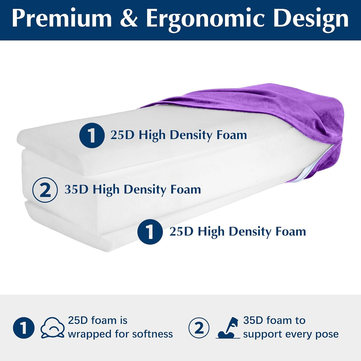 2-Pack Yoga Bolster Pillow Set: Rectangular & Cylinder Pillows for Meditation and Support, Yoga Pillows with Washable Velvet Cover, Triple-Layer Sponge with Carry Handle, Blue