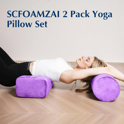 2-Pack Yoga Bolster Pillow Set: Rectangular & Cylinder Pillows for Meditation and Support, Yoga Pillows with Washable Velvet Cover, Triple-Layer Sponge with Carry Handle, Blue