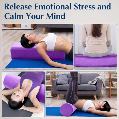 2-Pack Yoga Bolster Pillow Set: Rectangular & Cylinder Pillows for Meditation and Support, Yoga Pillows with Washable Velvet Cover, Triple-Layer Sponge with Carry Handle, Blue