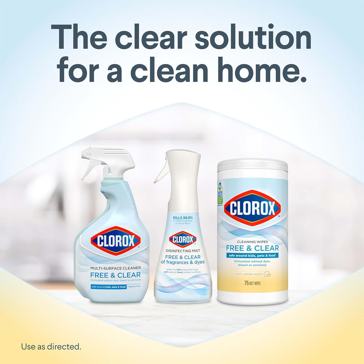 Free & Clear Cleaning Wipes, Light Lemon Scent, 75 Count, Pack of 3 (Pack May Vary)