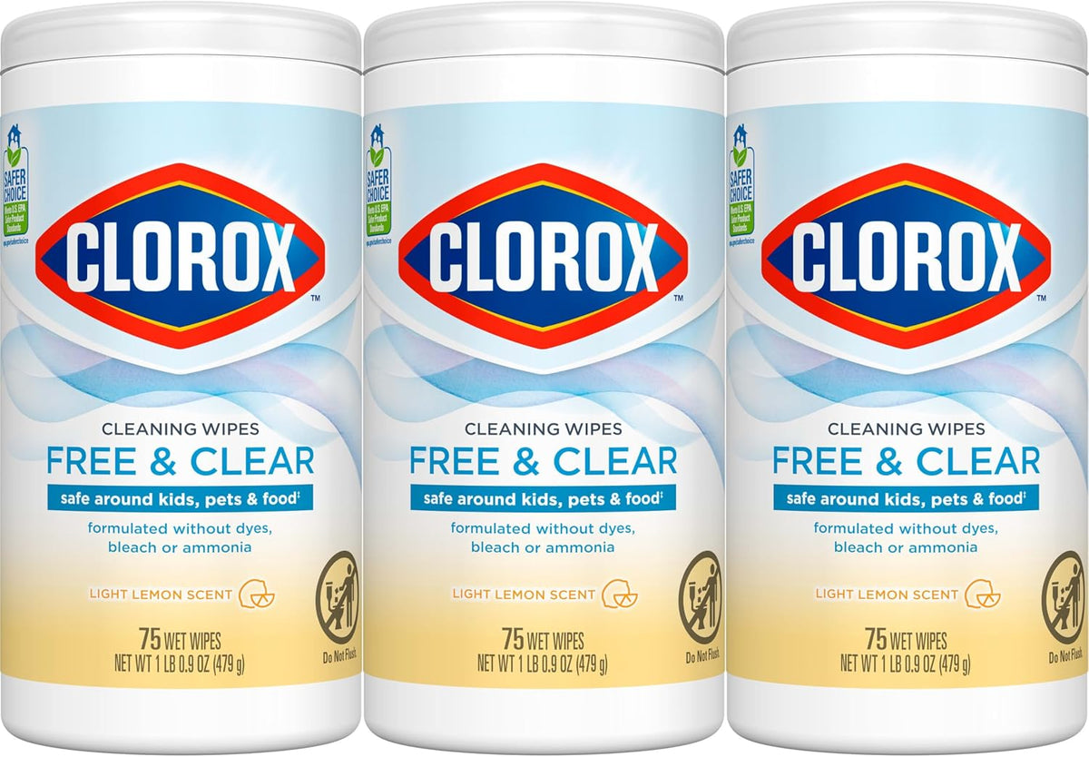 Free & Clear Cleaning Wipes, Light Lemon Scent, 75 Count, Pack of 3 (Pack May Vary)