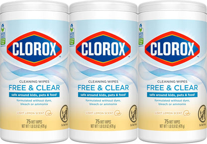 Free & Clear Cleaning Wipes, Light Lemon Scent, 75 Count, Pack of 3 (Pack May Vary)