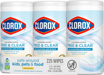 Free & Clear Cleaning Wipes, Light Lemon Scent, 75 Count, Pack of 3 (Pack May Vary)