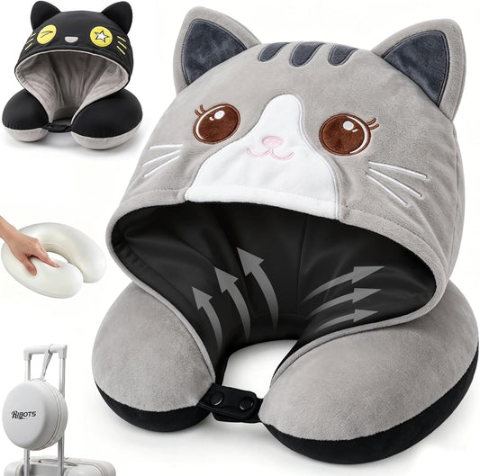 Travel Neck Pillow for Airplanes - 2026 Memory Foam Neck Support Pillow with Hood for Long Flights Car Rest & Road Trips - Reversible Ice Silk & Plush Design with EVA Case for Adults & Teens