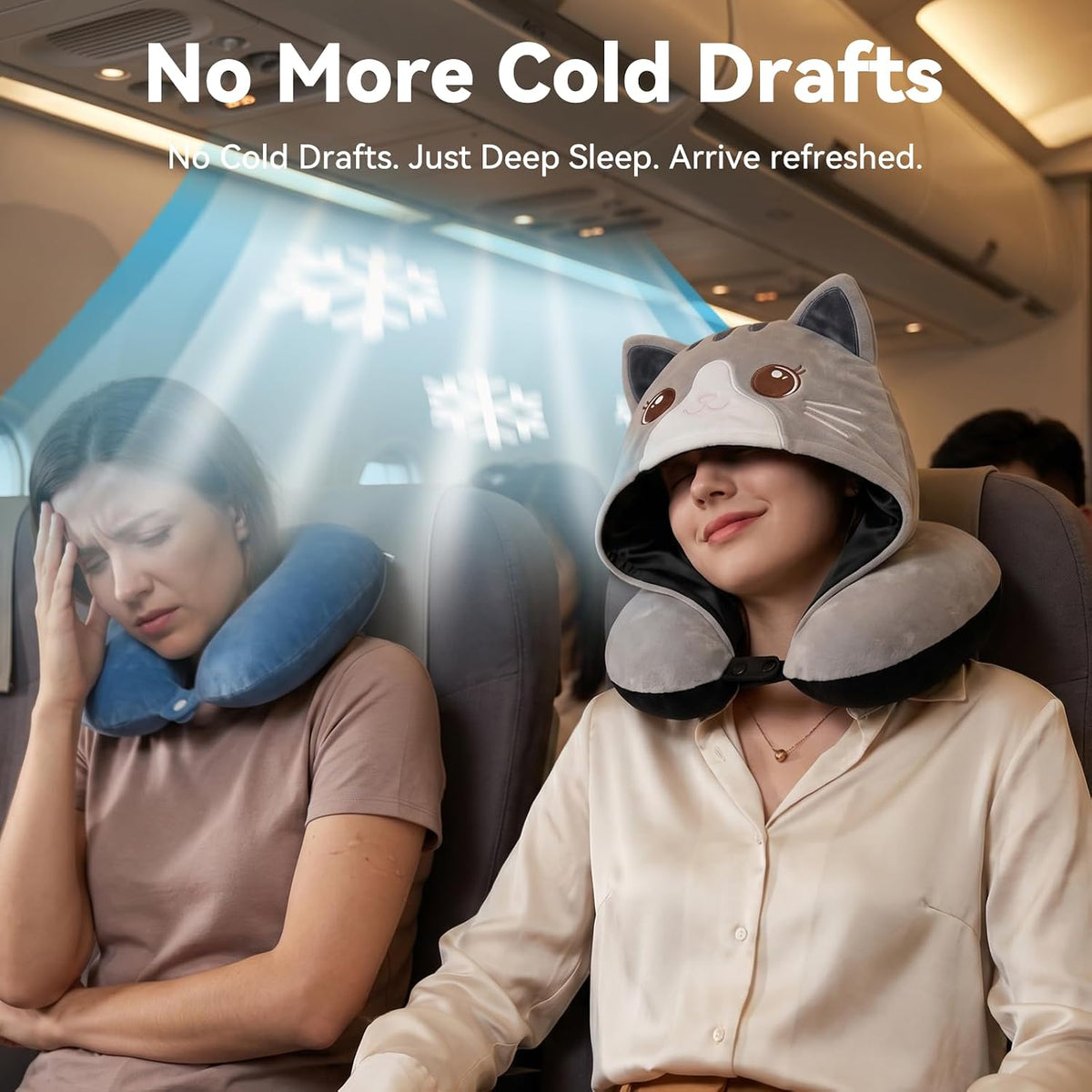 Travel Neck Pillow for Airplanes - 2026 Memory Foam Neck Support Pillow with Hood for Long Flights Car Rest & Road Trips - Reversible Ice Silk & Plush Design with EVA Case for Adults & Teens