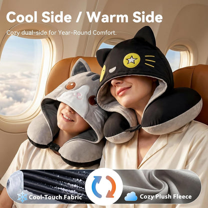 Travel Neck Pillow for Airplanes - 2026 Memory Foam Neck Support Pillow with Hood for Long Flights Car Rest & Road Trips - Reversible Ice Silk & Plush Design with EVA Case for Adults & Teens