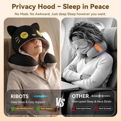 Travel Neck Pillow for Airplanes - 2026 Memory Foam Neck Support Pillow with Hood for Long Flights Car Rest & Road Trips - Reversible Ice Silk & Plush Design with EVA Case for Adults & Teens