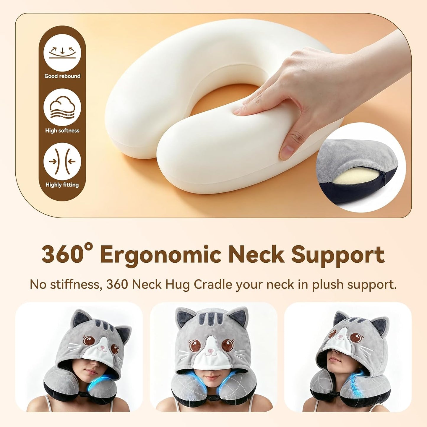 Travel Neck Pillow for Airplanes - 2026 Memory Foam Neck Support Pillow with Hood for Long Flights Car Rest & Road Trips - Reversible Ice Silk & Plush Design with EVA Case for Adults & Teens