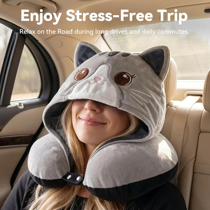 Travel Neck Pillow for Airplanes - 2026 Memory Foam Neck Support Pillow with Hood for Long Flights Car Rest & Road Trips - Reversible Ice Silk & Plush Design with EVA Case for Adults & Teens