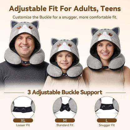 Travel Neck Pillow for Airplanes - 2026 Memory Foam Neck Support Pillow with Hood for Long Flights Car Rest & Road Trips - Reversible Ice Silk & Plush Design with EVA Case for Adults & Teens