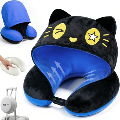 Travel Neck Pillow for Airplanes - 2026 Memory Foam Neck Support Pillow with Hood for Long Flights Car Rest & Road Trips - Reversible Ice Silk & Plush Design with EVA Case for Adults & Teens