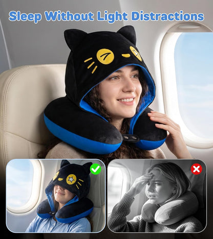 Travel Neck Pillow for Airplanes - 2026 Memory Foam Neck Support Pillow with Hood for Long Flights Car Rest & Road Trips - Reversible Ice Silk & Plush Design with EVA Case for Adults & Teens