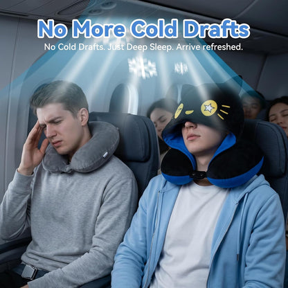 Travel Neck Pillow for Airplanes - 2026 Memory Foam Neck Support Pillow with Hood for Long Flights Car Rest & Road Trips - Reversible Ice Silk & Plush Design with EVA Case for Adults & Teens