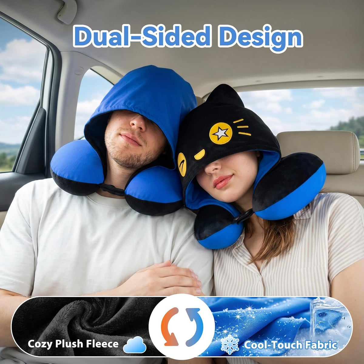Travel Neck Pillow for Airplanes - 2026 Memory Foam Neck Support Pillow with Hood for Long Flights Car Rest & Road Trips - Reversible Ice Silk & Plush Design with EVA Case for Adults & Teens