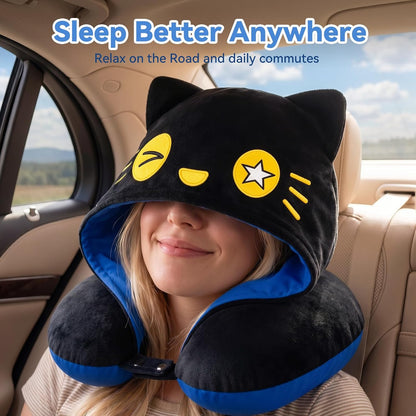 Travel Neck Pillow for Airplanes - 2026 Memory Foam Neck Support Pillow with Hood for Long Flights Car Rest & Road Trips - Reversible Ice Silk & Plush Design with EVA Case for Adults & Teens