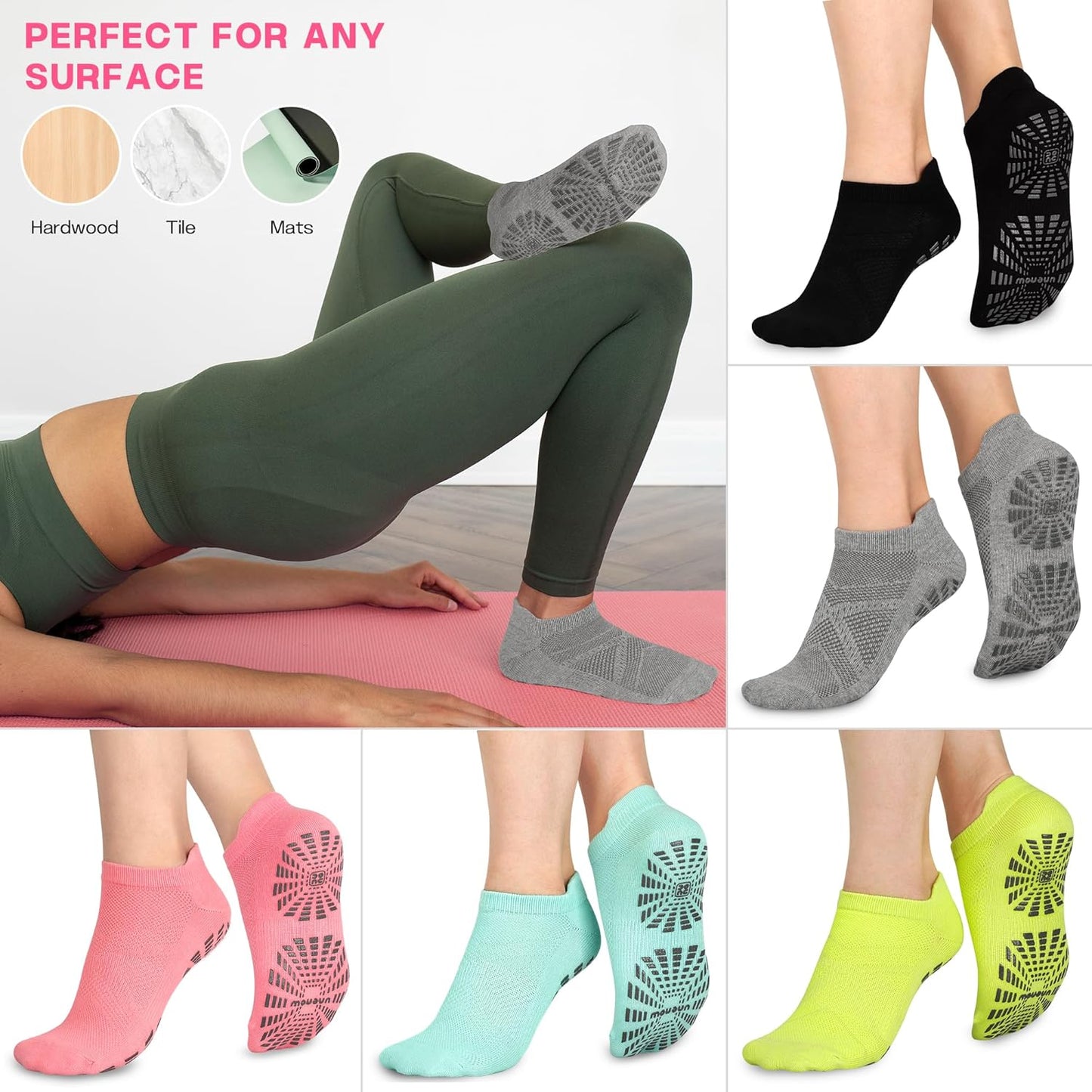 5 Pairs Pilates Socks for Women Non Slip Socks with Grips for Yoga Hospital Barre Barefoot