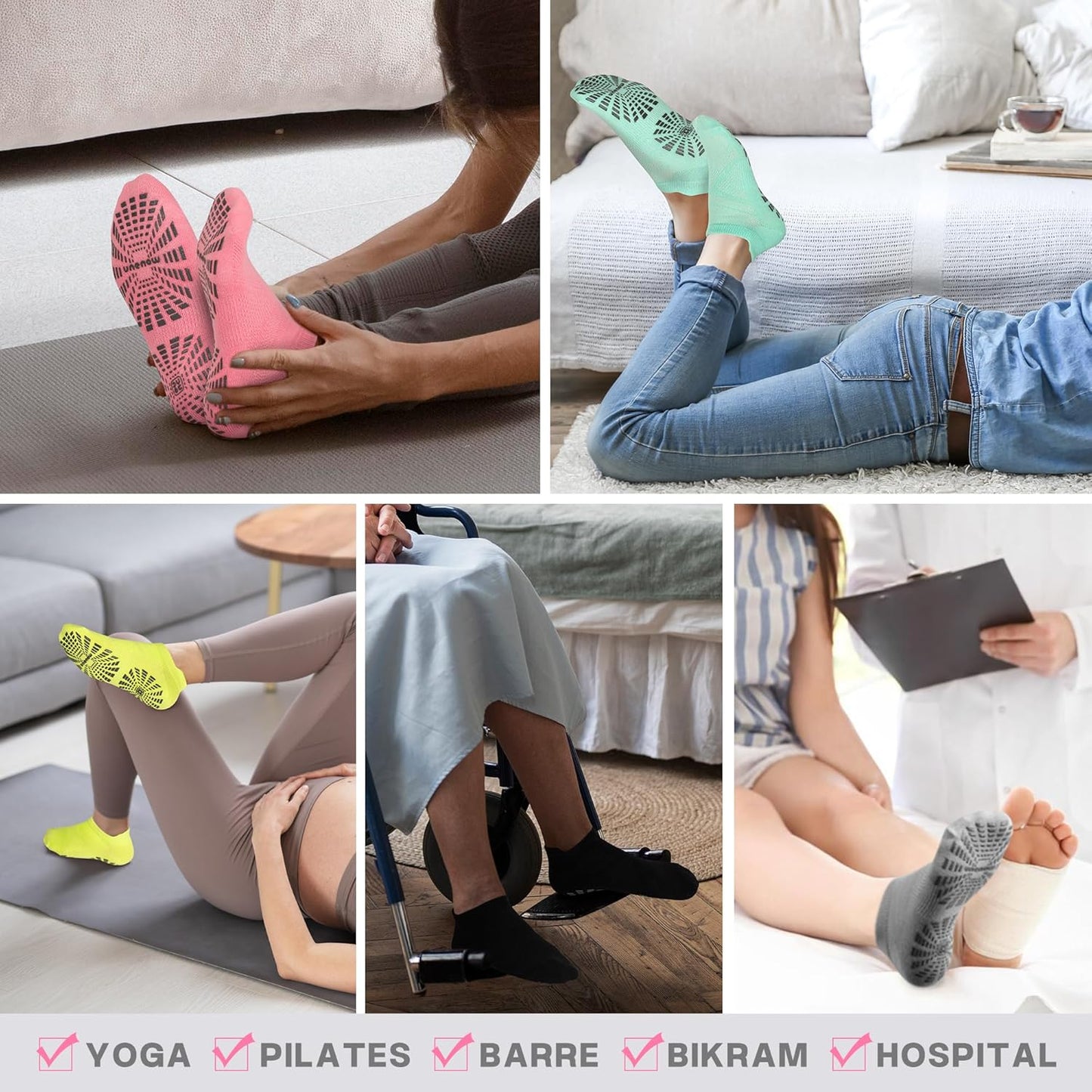 5 Pairs Pilates Socks for Women Non Slip Socks with Grips for Yoga Hospital Barre Barefoot