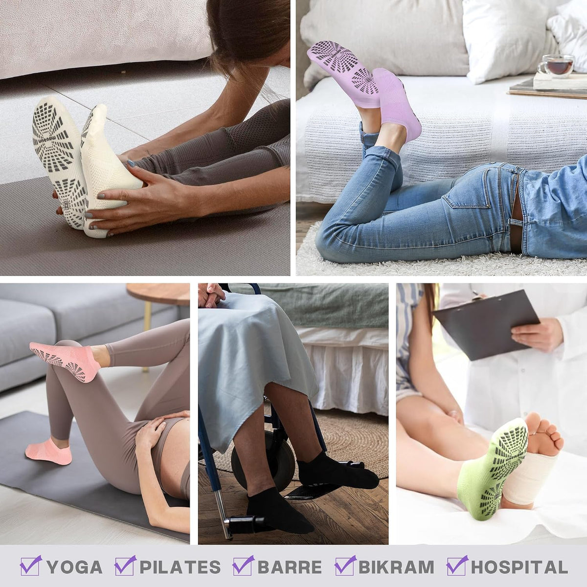5 Pairs Pilates Socks for Women Non Slip Socks with Grips for Yoga Hospital Barre Barefoot