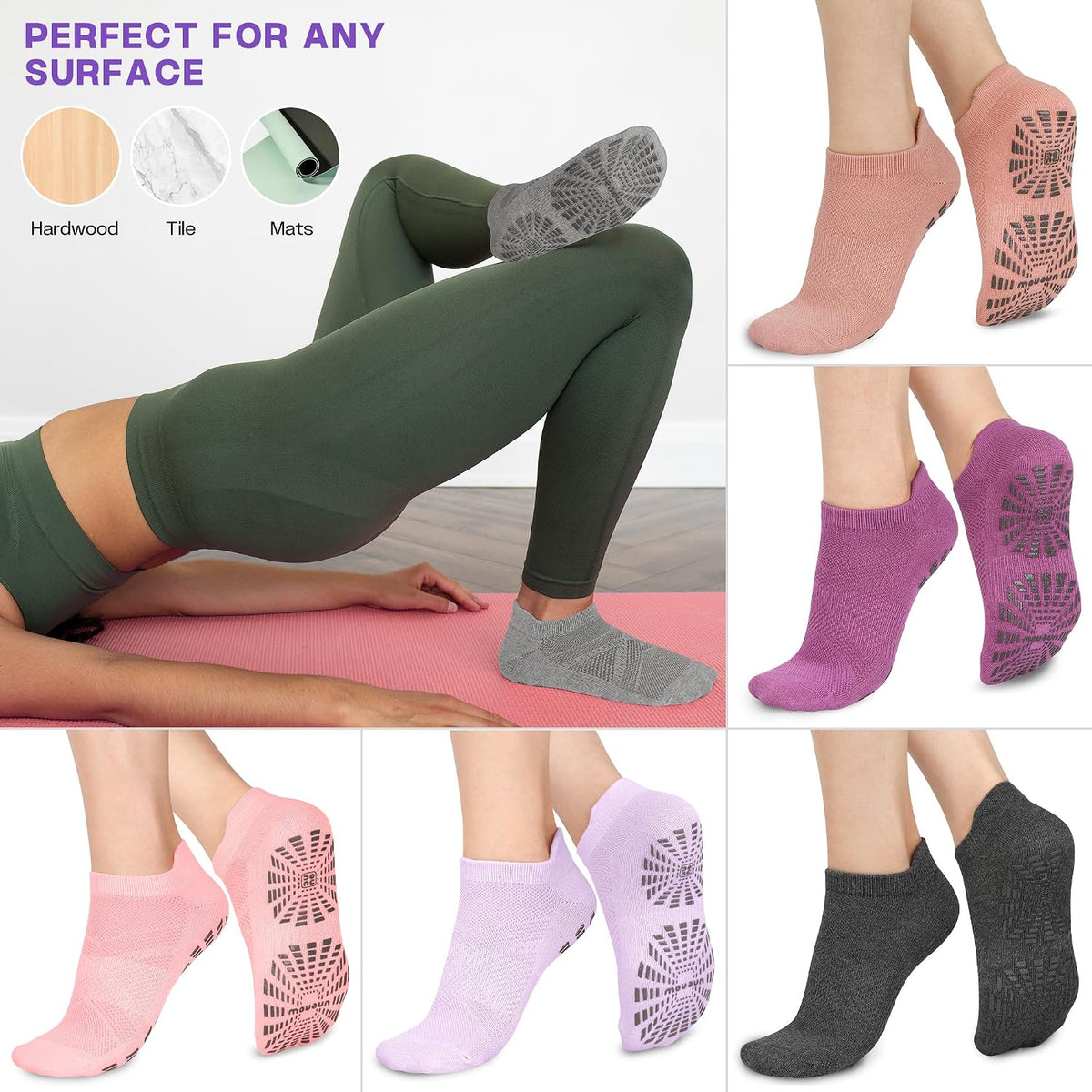 5 Pairs Pilates Socks for Women Non Slip Socks with Grips for Yoga Hospital Barre Barefoot
