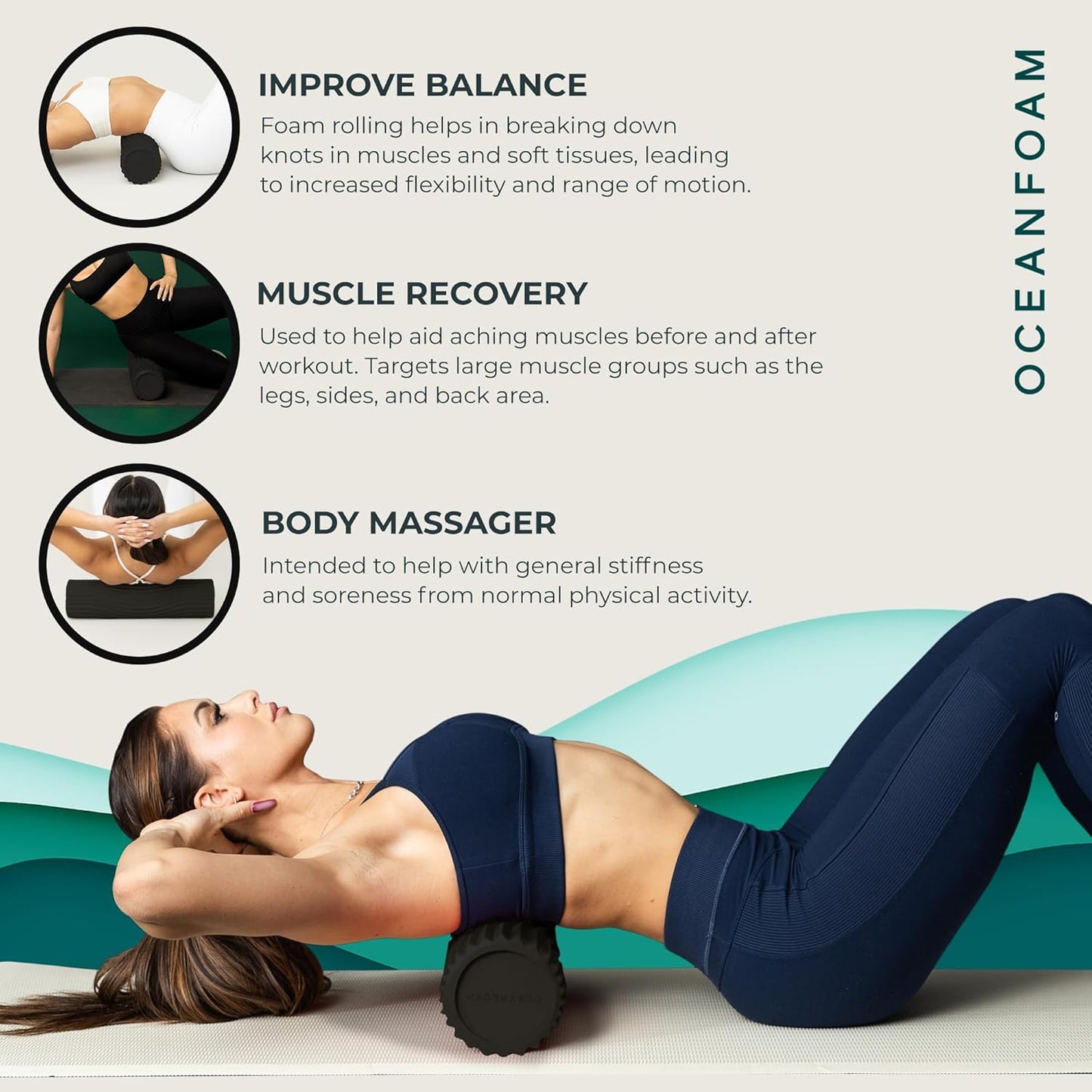 Tidal Roller - Natural - Muscle Massage Foam Roller for Back Pain & Stretching - Firm and Ergonomic Wide Wave Textured - Yoga, Athletics, & Wellness - Full Size, 20" x 5" - Colors B