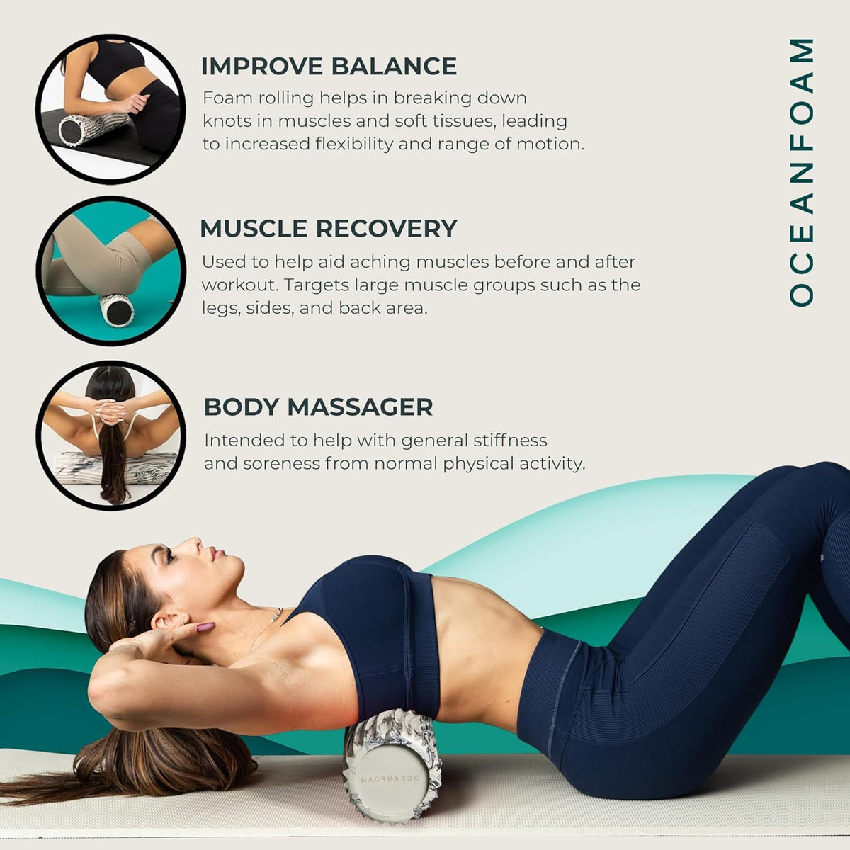 Tidal Roller - Natural - Muscle Massage Foam Roller for Back Pain & Stretching - Firm and Ergonomic Wide Wave Textured - Yoga, Athletics, & Wellness - Full Size, 20" x 5" - Colors B