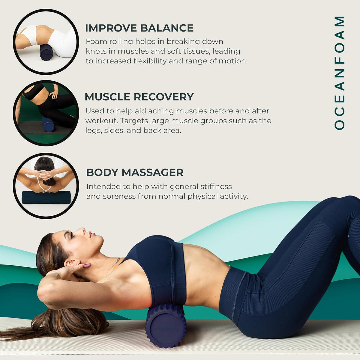 Tidal Roller - Natural - Muscle Massage Foam Roller for Back Pain & Stretching - Firm and Ergonomic Wide Wave Textured - Yoga, Athletics, & Wellness - Full Size, 20" x 5" - Colors B