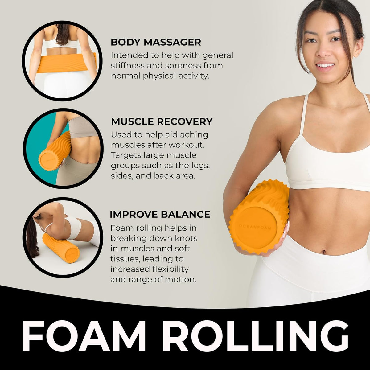 Tidal Roller - Natural - Muscle Massage Foam Roller for Back Pain & Stretching - Firm and Ergonomic Wide Wave Textured - Yoga, Athletics, & Wellness - Full Size, 20" x 5" - Colors B