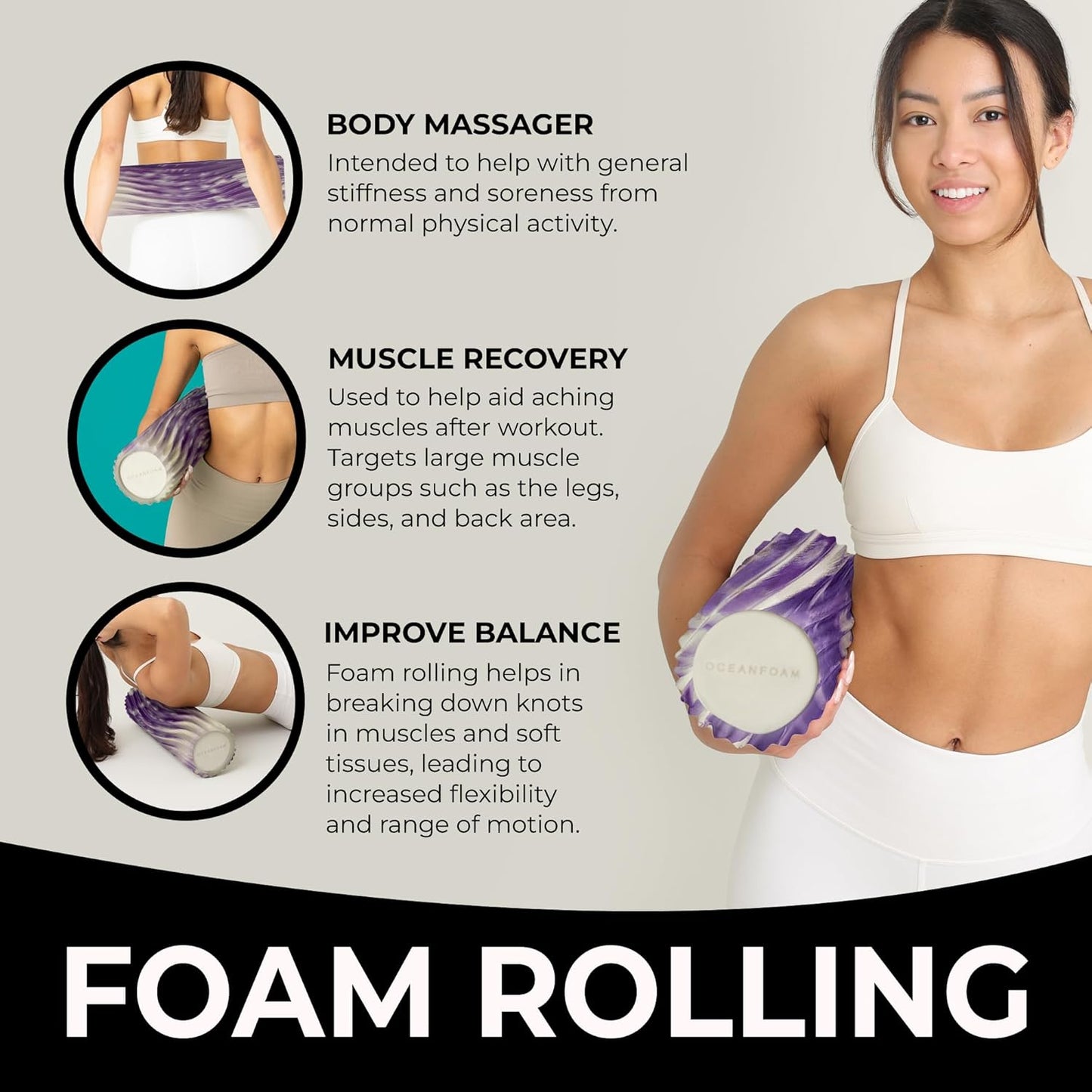 Tidal Roller - Natural - Muscle Massage Foam Roller for Back Pain & Stretching - Firm and Ergonomic Wide Wave Textured - Yoga, Athletics, & Wellness - Full Size, 20" x 5" - Colors B