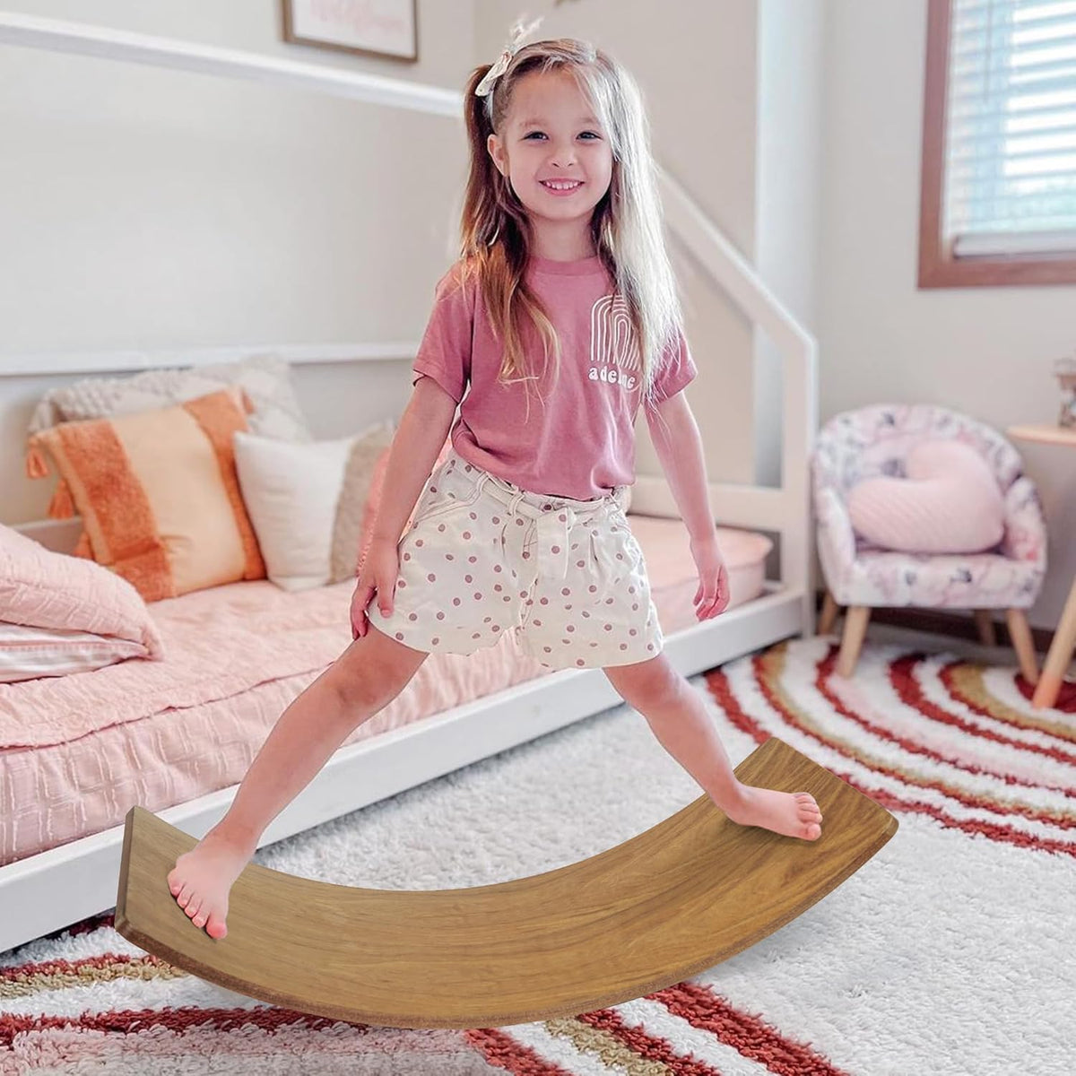 Wobble Balance Board, Wooden Montessori Toy Rocker Board Natural Wood Kids Toddler Open Ended Learning Toy Yoga Curvy Board for Adult Office Classroom Christmas Gifts