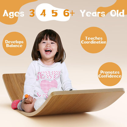 Wobble Balance Board, Wooden Montessori Toy Rocker Board Natural Wood Kids Toddler Open Ended Learning Toy Yoga Curvy Board for Adult Office Classroom Christmas Gifts