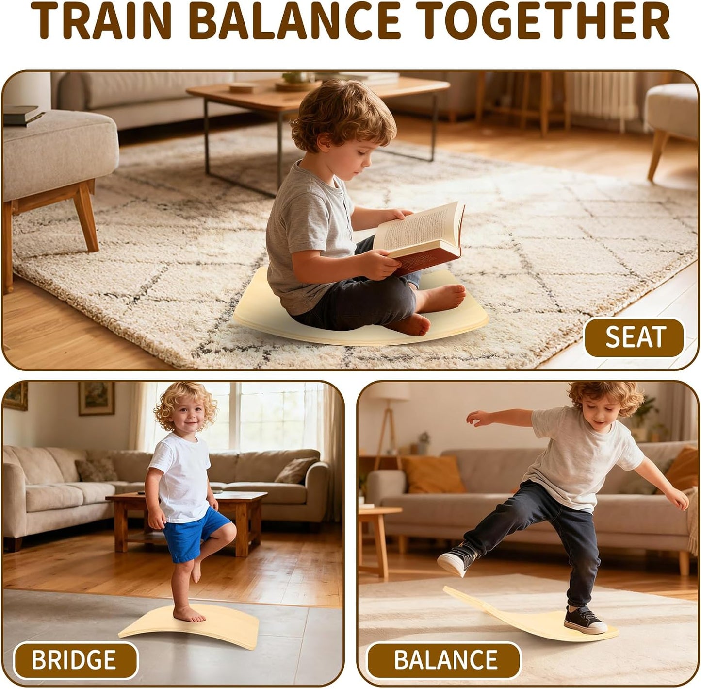 Wobble Balance Board, Wooden Montessori Toy Rocker Board Natural Wood Kids Toddler Open Ended Learning Toy Yoga Curvy Board for Adult Office Classroom Christmas Gifts