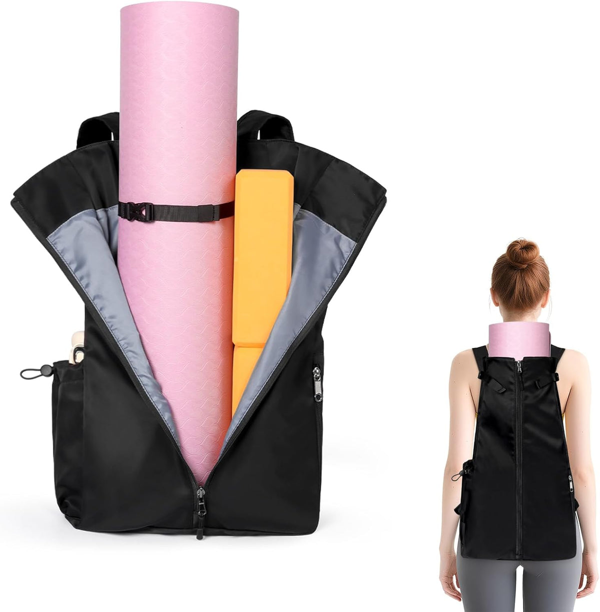 Yoga Mat Bag, Adjustable Yogamat Blocks Carrier with Backpack Straps and Side Pockets, Top-Opening Yoga Backpack for Yoga Accessories