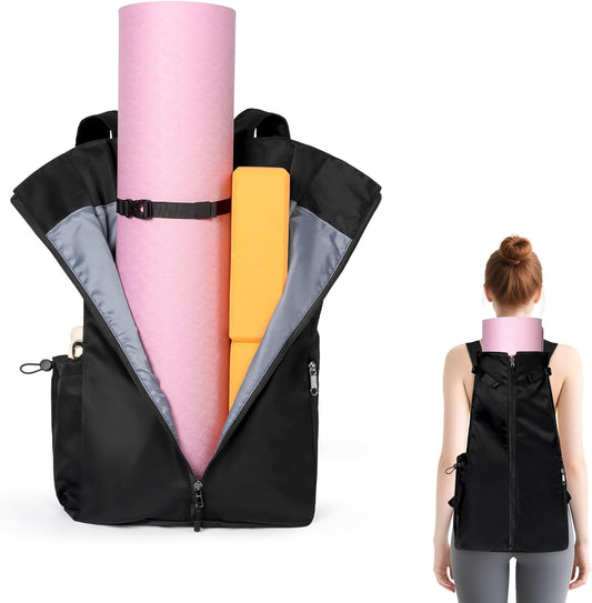 Yoga Mat Bag, Adjustable Yogamat Blocks Carrier with Backpack Straps and Side Pockets, Top-Opening Yoga Backpack for Yoga Accessories