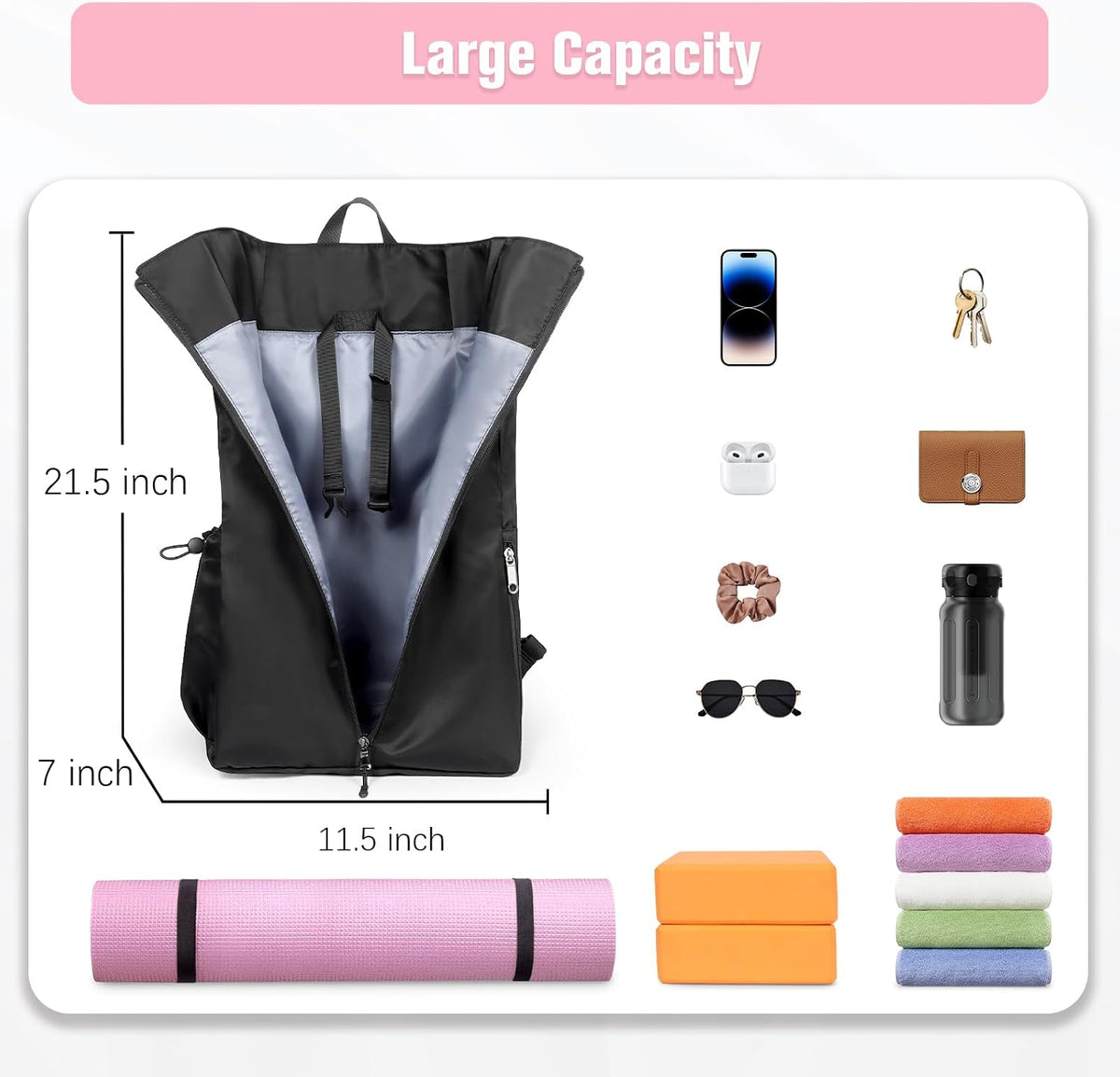 Yoga Mat Bag, Adjustable Yogamat Blocks Carrier with Backpack Straps and Side Pockets, Top-Opening Yoga Backpack for Yoga Accessories