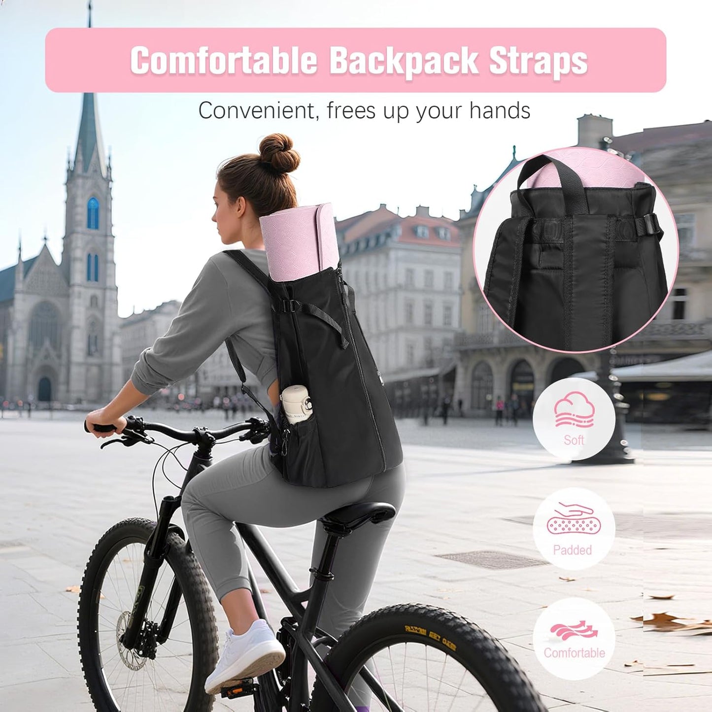 Yoga Mat Bag, Adjustable Yogamat Blocks Carrier with Backpack Straps and Side Pockets, Top-Opening Yoga Backpack for Yoga Accessories