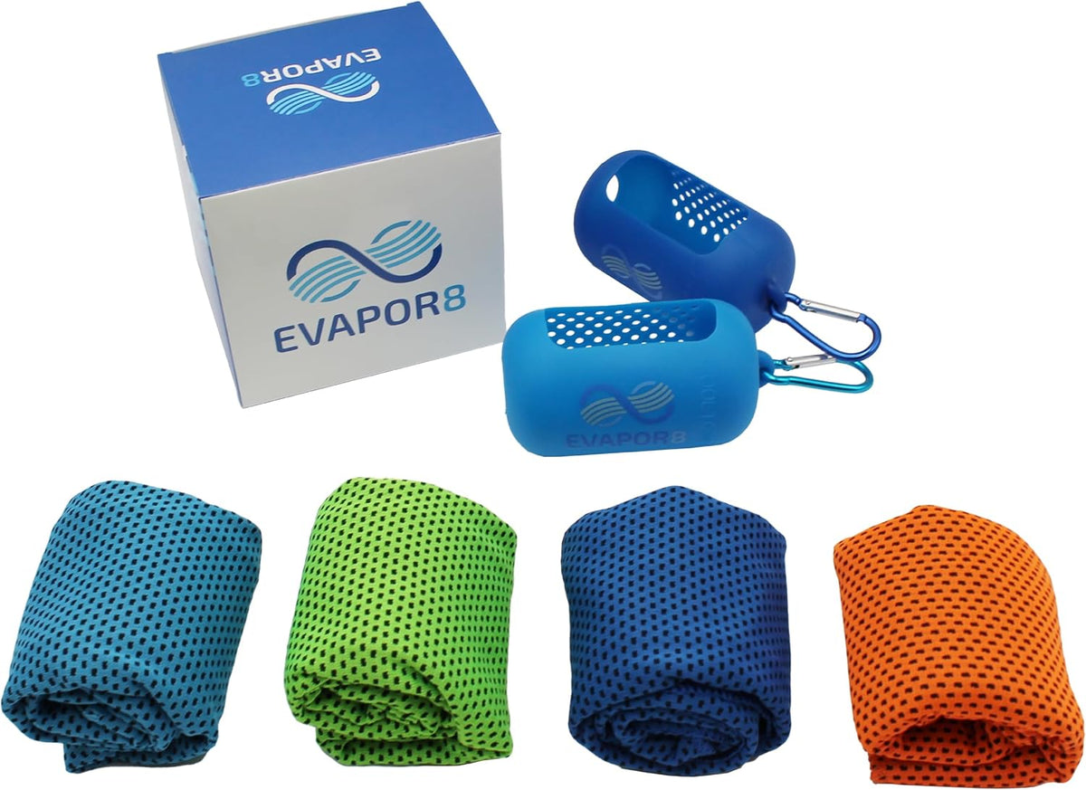 Evapor8 Cooling Towels with 2 Silicone Cases, 4 Pack, UPF 50