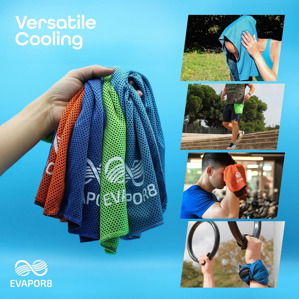 Evapor8 Cooling Towels with 2 Silicone Cases, 4 Pack, UPF 50