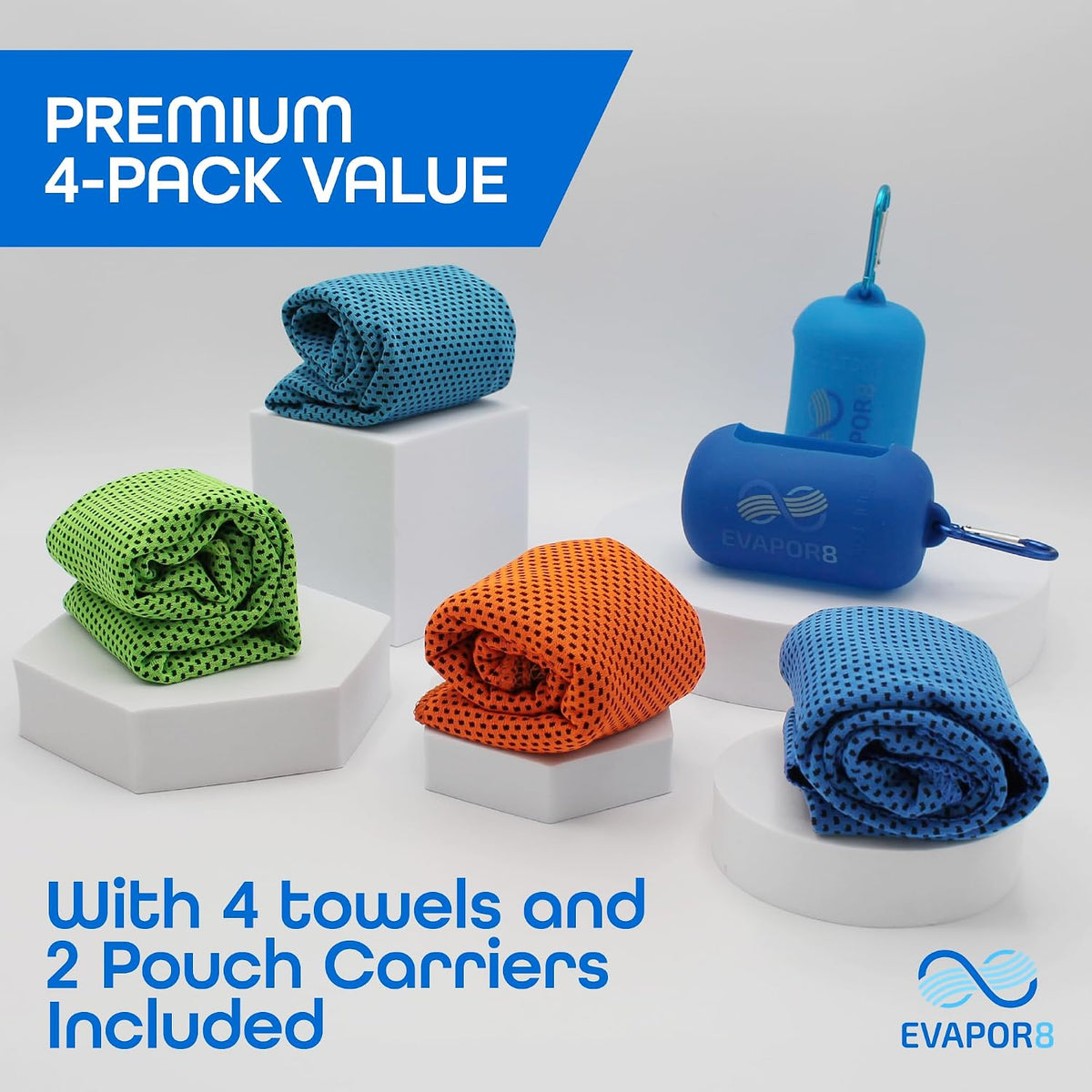 Evapor8 Cooling Towels with 2 Silicone Cases, 4 Pack, UPF 50