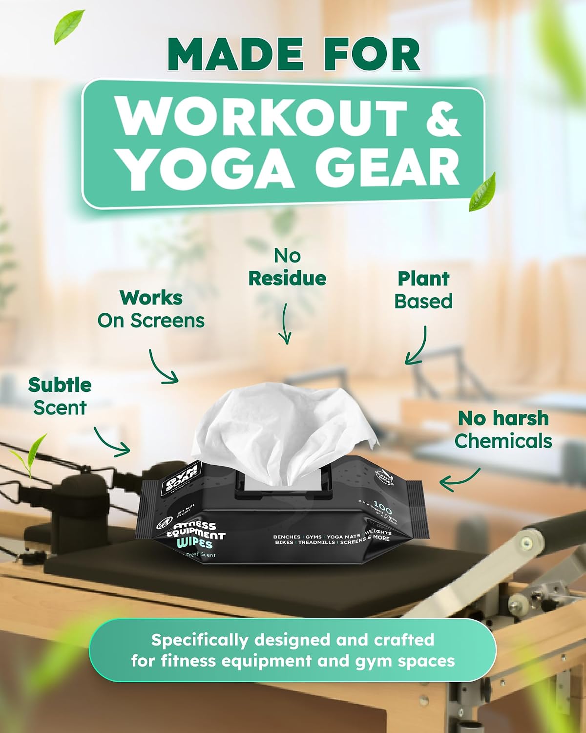 GymSoap Gym & Yoga Mat Cleaner Wipes, Plant Based - 100 Gym Equipment Wipes to Clean Exercise Equipment, Treadmill, Peloton Bikes - Gym Supplies, Cleaning Wipes for Home & Gym - Spa Fresh Scent