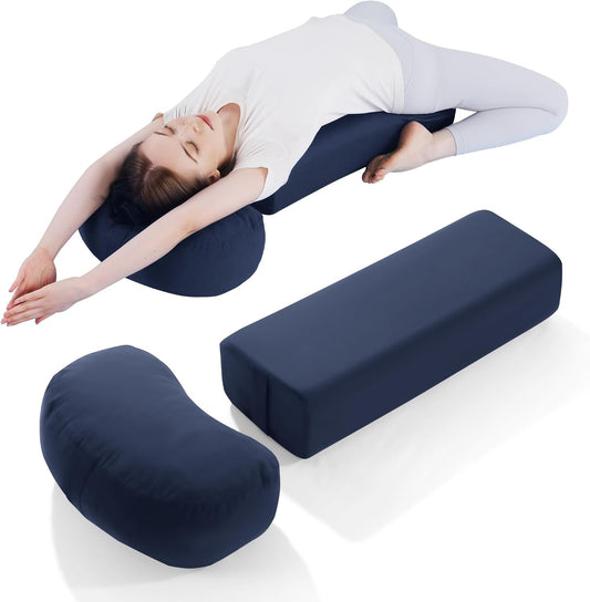 2-Piece Yoga Bolster Pillow, Rectangular & Crescent Meditation Cushions with Removable Cover for Restorative Yoga, Meditation Accessories for Sitting on Floor