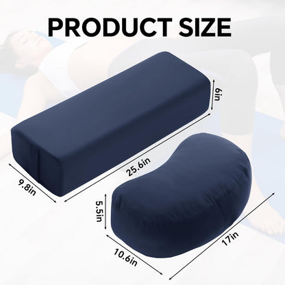 2-Piece Yoga Bolster Pillow, Rectangular & Crescent Meditation Cushions with Removable Cover for Restorative Yoga, Meditation Accessories for Sitting on Floor