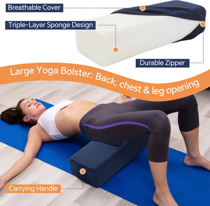 2-Piece Yoga Bolster Pillow, Rectangular & Crescent Meditation Cushions with Removable Cover for Restorative Yoga, Meditation Accessories for Sitting on Floor