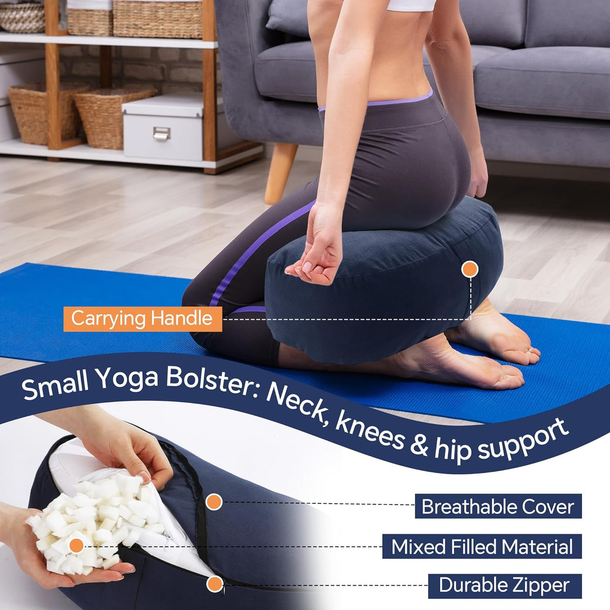 2-Piece Yoga Bolster Pillow, Rectangular & Crescent Meditation Cushions with Removable Cover for Restorative Yoga, Meditation Accessories for Sitting on Floor