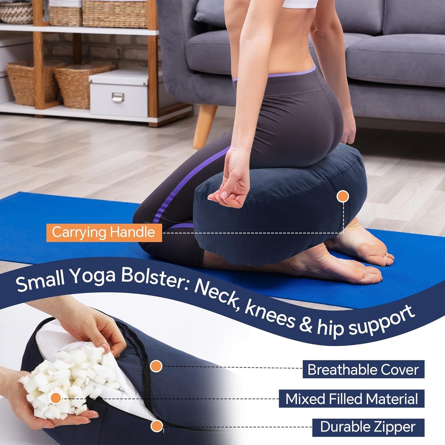 2-Piece Yoga Bolster Pillow, Rectangular & Crescent Meditation Cushions with Removable Cover for Restorative Yoga, Meditation Accessories for Sitting on Floor